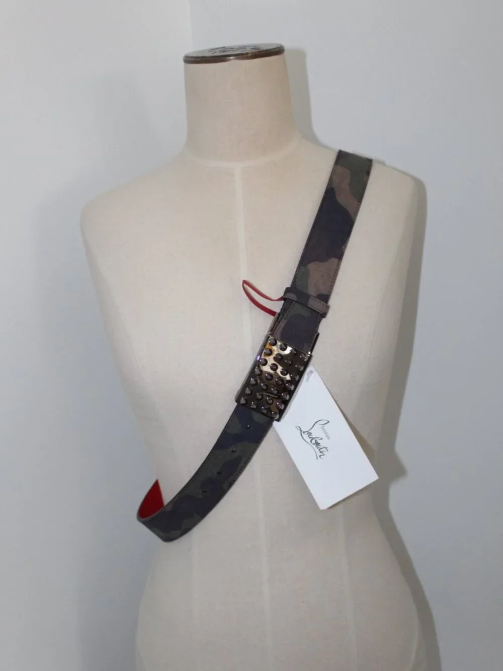 NEW Christian Louboutin Camo Crosta Leather Belt Spike Studded 105 42
